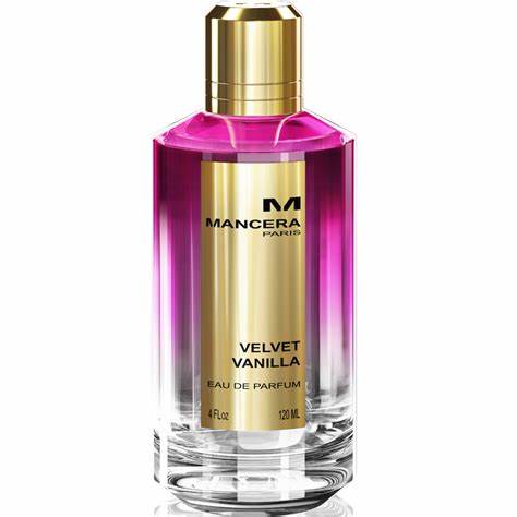 A bottle of Mancera Velvet Vanilla 120ml EDP perfume with a fragrance on a white background.