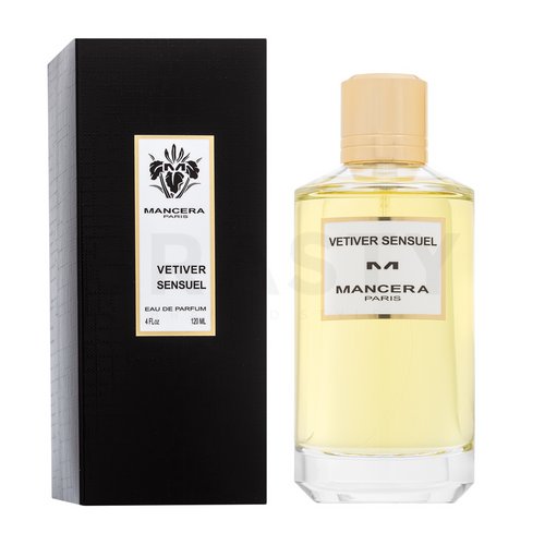 A fragrant bottle of Mancera Vetiver Sensuel 120ml Eau De Parfum with a box next to it, suitable for both men and women.