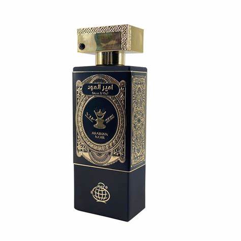 Load image into Gallery viewer, A black and gold Fragrance World Ameer Al Oud Arabian Noir 80ml eau de parfum bottle on a white background.
