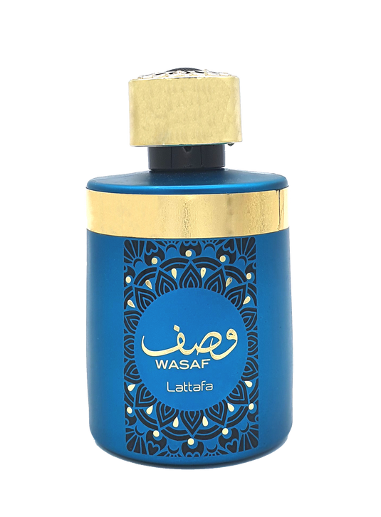 A bottle of Lattafa Wasaf 100ml Eau de Parfum by Lattafa, a blue perfume with Arabic writing on it.