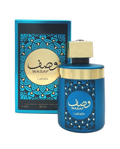 A bottle of Lattafa Wasaf 100ml Eau de Parfum by Lattafa in a blue box, exuding a captivating blue fragrance.