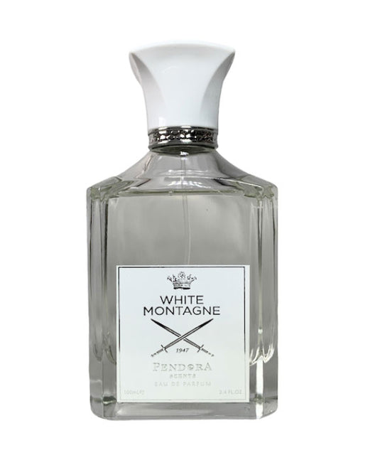 A bottle of Pendora White Montagne 100ml Eau De Parfum cologne with musk and bergamot notes on a white background.