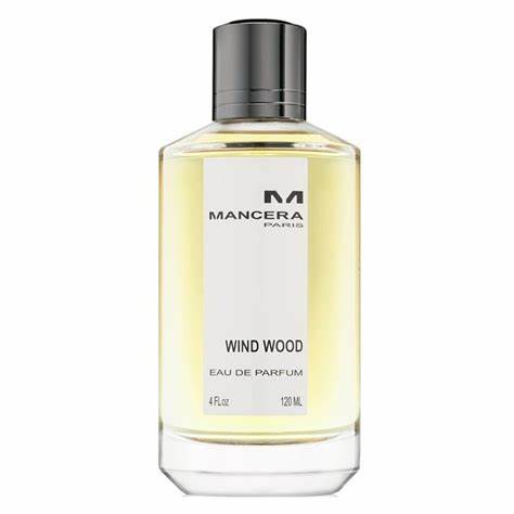 A bottle of Mancera Wind Wood 120ml Eau De Parfum, a fragrance for men and women, on a white background.