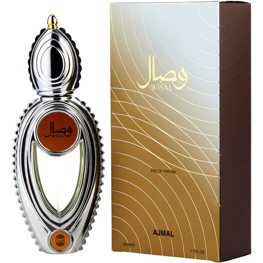An Ajmal Wisal 50ml Eau De Parfum bottle displayed with an elegant Ajmal box.