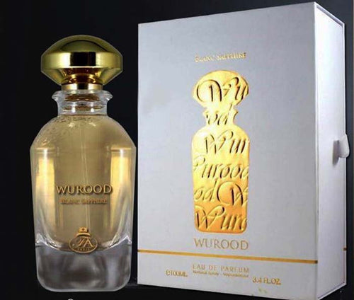 A fragrance bottle with a gold box showcasing Wurood Blanc Sapphire by Dubai Perfumes.