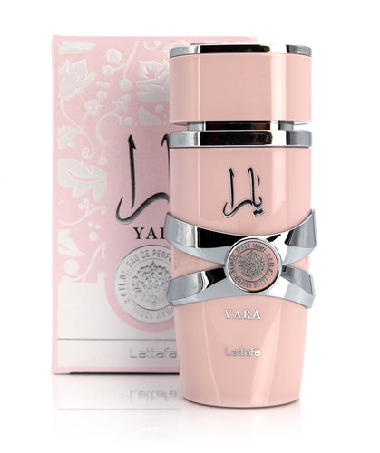 A bottle of Lattafa Yara 100ml Eau de Parfum next to a box.